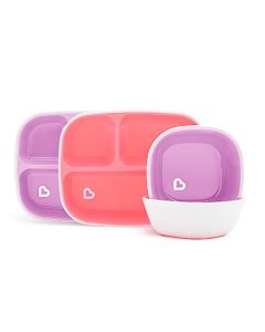 Munchkin Splash juego de comedor de 4 piezas para niños pequeños con plato dividido y tazón, Rosado/Púrpura, 4 Piezas