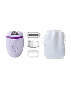 Philips Depiladora Con Cable Compacta Satinelle Essential con 4 Accesorios, cabezal de masaje, cabezal de afeitado, peine recortador y bolsa para viajes, morada, BRE275/10