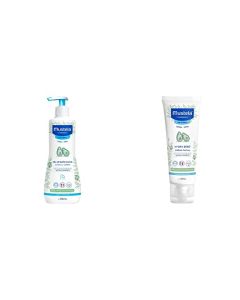 Mustela, Gel de Baño Suave para cara, cuerpo y cabello de Bebés y niños, Limpia y protege, 90% ingredientes de origen natural, 500 ml + Mustela Crema Facial Hidratante para Piel Normal, 40 ml