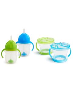 Munchkin Happy Snacker - Juego de recipientes para aperitivos y vasos para beber, Azul/Verde