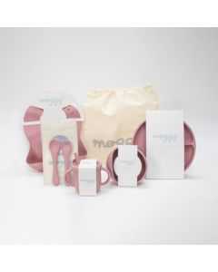MOGGY BABY | Kit Completo Alimentación Complementaria - Plato, Babero, Cubiertos, Bowl y Vaso 2 en 1 (Charm Pink)