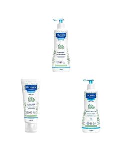 Mustela, Hydra Bebé Loción Hidratante Corporal con Aguacate Orgánico para cuerpo de Bebés y niños,500 ml + Crema Facial Hidratante para Piel Normal, 40 ml + Gel de Baño Suave para cara, 500 ml