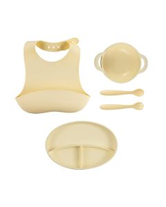 KH Kids Heroes Set Vajilla de Silicon para Bebes y Niños con Plato con Divisiones, Bowl con Tapa, Cuchara, Tenedor y Babero Impermeable, 6 Piezas de Silicona, Milk White