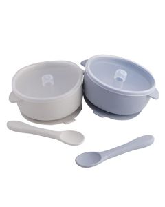 Mantrel | Set de 2 Bowls con Cuchara de Silicona, Tapa aseguradora y Base de succión. Perfecto para la alimentación de tu bebé. Baby Bowls and Spoons Set, Lid Included. (Azul/Gris)