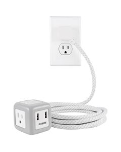 PHILIPS SPS3102WB/37 - Cable de extensión de 3 Salidas con 2 Puertos USB-A, Cable de extensión de 10 pies, Adaptador espaciado, conexión a Tierra, Ahorro de Espacio, Enchufe Plano, Extensor de