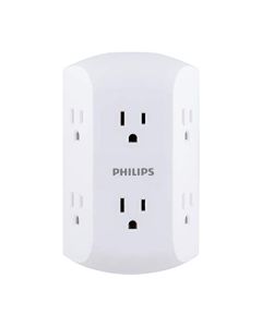 PHILIPS, Multicontacto De Pared De 6 Salidas con Accesos Laterales con Conexión A Tierra, Perfecto para Cargar Teléfonos Móviles, Blanco, 1 Unidad, SPS1460WA/37
