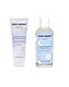 Mon Amour Set Rutina de Cambio de Pañal Incluye Crema Protectora con Almidón de Tapioca y Aceite Relajante de Masaje Con de Aceite de Lavanda y Girasol, Tea Tree para Pieles Delicadas de Bebés y Recién Nacidos
