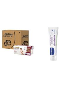 Huggies Supreme Pañal Desechable para Bebé, Etapa 6 Unisex, Caja con 180 Piezas, Ideales para Bebés de más de 13.5 kg + Mustela, Crema Contra las Rozaduras para Bebé 123, 108g