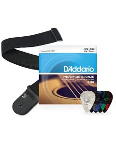 D'Addario Kit de Cuerdas para Guitarra Acústica EJ16 Phosphor Bronze, Púas y Correa, 12-53 Calibre Fino, Para Guitarra de Polipropileno Negra, Pack de 10 Púas Surtidas de Celuloide de Grosor Medio