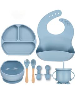 Set de Alimentación, Plato de Succión Dividido | Tazón de Succión | Vaso para Sorber | Babero Ajustable | Tenedor y Cuchara de Destete, Vajilla Suave y Fácil de Limpiar sin BPA
