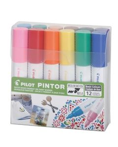 PILOT PINTOR estuche con 12 marcadores creativos, punto mediano, colores básicos.