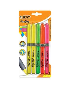 BIC Marcatextos Marking con Grip Ergonómico Línea de 1.6 y 3.3 mm Punta Cincel Doble Trazo Máxima Fluorescencia Highlighter Surtido de Colores 5 Piezas