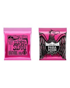 Ernie Ball slinky nickel Níquel, Paquete de 3, Super + Ernie Ball Slinky Paradigm Cuerdas para guitarra eléctrica, Paquete sencillo, Plateado, Super