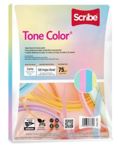 Scribe Tone Color Papel Bond en Colores Pastel Carta Paquete de 100 Hojas 75g. Ideal para dibujar, cortar y pegar. Incluye 4 colores pastel: azul, verde, rosa y canario.
