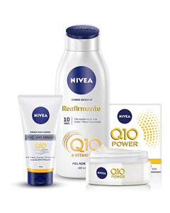 Kit Antiarrugas Nivea Crema Corporal Reafirmante Q10 para Piel Normal, 400ml + Crema para Manos Antiarrugas con Coenzima Q10 y Filtros UV, 75ml + Nivea Crema Facial Antiarrugas Día Fps 30+ Q10, 50ml