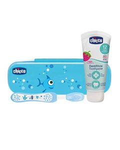 CHICCO, Set de Cepillo y Pasta Dental para Bebés y Niños, Azul, Sabor Fresa, Sin Flúor