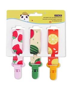 Say Cheese Clip Universal de Chupete para Niños y Niñas 3 pack; Tamaño Perfecto para Cualquier Chupón Con o Sin Anillo y Juguetes para Morder; Regalo Ideal de Baby Shower (Frutas)
