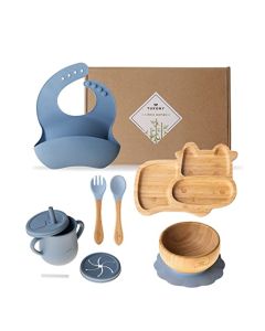 TUXORY Set platos de bambú para bebes y niños con base de silicón con succión adherente, plato con divisiones, tazón, cubiertos, babero, vaso, Set para comida de silicón, eco-friendly, antiderrapante (Azul/Vaca)