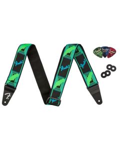 Fender Neon Monograma Correa de guitarra de 2 pulgadas, paquete azul y verde con bloques de correa y púas