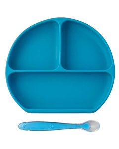 PAPU BABY Plato con divisiones y cuchara de silicón para bebés. Libres de BPA. Plato con succión. Silicón de grado alimenticio. Alimentación independiente. (Azul Indigo)