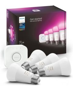Philips Hue 4 Focos Inteligentes multicolor A19 10.5W + Hue Bridge Compatible con Alexa