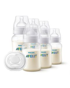 Philips Avent Set de 6 Biberones Anti-colic│con válvula anticólicos│3 biberones 11 oz/330 ml, Flujo 3 Medio│3 biberones 9oz/260ml, Flujo 2 Lento│1 chupón Ultra Soft