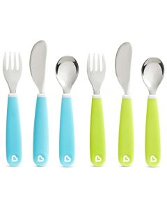 Munchkin® Splash™ Juego de utensilios de tenedor, cuchillo y cuchara, 6 unidades, paquete de 2) azul/verde