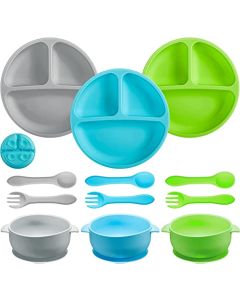 U Chef Juego de 6 Platos de Silicona para Bebés y Niños Pequeños, Cuencos con Ventosa, Divisiones, Cuchara y Tenedor, Utensilios para Niños, apto para lavavajillas y microondas (Colores brillantes)