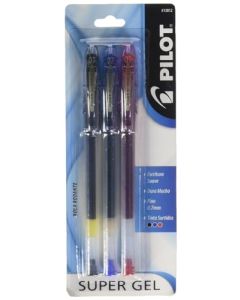 Pilot bolígrafo Super Gel, punto fino (0.7 mm.), blíster con 3 piezas con tinta de colores negro, azul y rojo