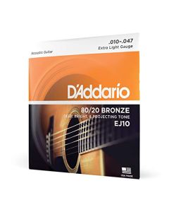 D'Addario Guitar Strings - Acoustic Guitar Strings - 80/20 Bronze - For 6 String Guitar - Deep, Bright, Projecting Tone - EJ10 - Extra Light, 10-47