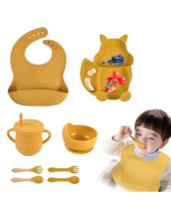 Vajilla de Silicona para Bebés, 8Pcs Plato de comida, Juego De Comida Para Bebés con Plato, Cuencos, Cubiertos, Taza, Sin BPA (Amarillo)