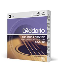 D'Addario Guitar Strings - Acoustic Guitar Strings - Phosphor Bronze - For 6 String Guitar - Warm, Bright, Balanced Tone - EJ26-3D - Custom Light, 11-52 - 3-Pack