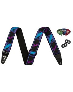 Fender Neon Monograma Correa de guitarra de 2 pulgadas, paquete azul y morado con bloques de correa y púas