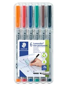 Staedtler Lumograph Marcador de borrado en húmedo no permanente, punta ancha, marcadores de colores de bajo olor, paquete de 6 colores surtidos, 312-WP6