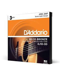 D'Addario Guitar Strings - Acoustic Guitar Strings - 80/20 Bronze - For 6 String Guitar - Deep, Bright, Projecting Tone - EJ10-3D - Extra Light, 10-47 - 3-Pack