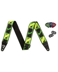 Fender Neon - Correa de guitarra con monograma de 2 pulgadas, color verde y amarillo con bloques de correa y púas