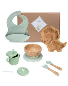 TUXORY Set platos de bambú para bebes y niños con base de silicón con succión adherente, plato con divisiones, tazón, cubiertos, babero, vaso, Set de comida de silicón, eco-friendly (Verde/Dinosaurio)