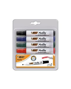 BIC, Marcador de Pizarrón, Borrado Fácil, Olor Suave, Marking, Surtido de Colores Clásicos, 4 piezas + 1 Borrador