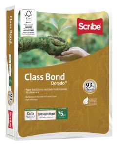 Scribe Class Bond Dorado FSC® Papel Bond Blanco Carta Paquete de 500 Hojas 75g Blancura 93%. Papel cortado multipropósito reciclado de ALTA BLANCURA para impresiones de alto contraste.