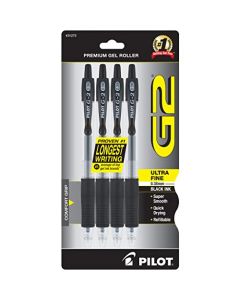 Pilot G2 Bolígrafos retráctiles, con tinta de gel y punta ultrafina, Recargable, Negro, Paquete de 4