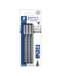 STAEDTLER - Paquete de revestimiento de pigmentos, negro, 3 bolígrafos, anchos de línea surtidos 0,05 mm/0,2 mm/0,8 mm, 308-9SBK3