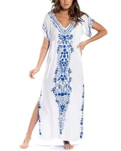 Bsubseach Vestido Largo de Playa de Manga Corta con Cuello en V Cubre Bikini para Mujer Bordado