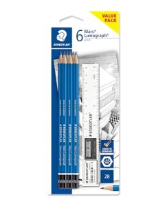 STAEDTLER Mars Lumograph 2B - Juego de 6 lápices con regla y sacapuntas