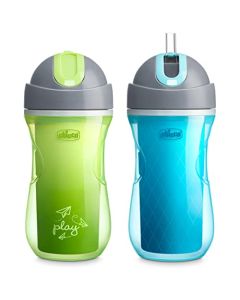 Chicco - Taza para sorber con popote sin derrames, con aislamiento, 9 onzas, color verde y verde azulado, 12 m + (2 unidades)