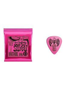 Ernie Ball Super Slinky - Cuerdas para guitarra eléctrica, entorchado de níquel, calibre 9-42 + Everlast - Púas para guitarra, 0,60 mm, 12 unidades, color rosa