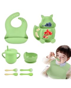 Vajilla de Silicona para Bebés, 8Pcs Plato de comida, Juego De Comida Para Bebés con Plato, Cuencos, Cubiertos, Taza, Sin BPA(Verde)