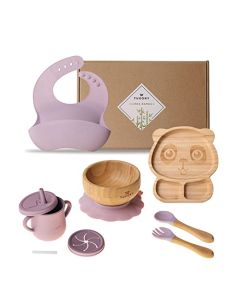 TUXORY Set platos de bambú para bebes y niños con base de silicón con succión adherente, plato con divisiones, tazón, cubiertos, babero, vaso, Set para comida de silicón, eco-friendly, antiderrapante (Lila/Panda)