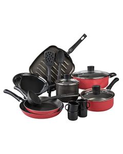 Cinsa Batería de cocina Esencial 19 piezas, Aluminio con antiadherenterojo, tapas de vidrio templado, utensilios de cocina, Rojo