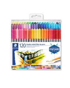 Staedtler bolígrafos de punta de fibra de doble punta, tinta lavable, puntas de escritura fina y negrita, 120 colores surtidos, 3200 TB120, multicolor (3200 TB120ST)