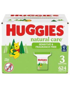 Toallitas sensibles para bebé, Huggies de cuidado natural, sin perfume, hipoalergénicas, 99% de agua purificada, 3 paquetes de repuesto (624 toallitas en total) el embalaje puede variar
